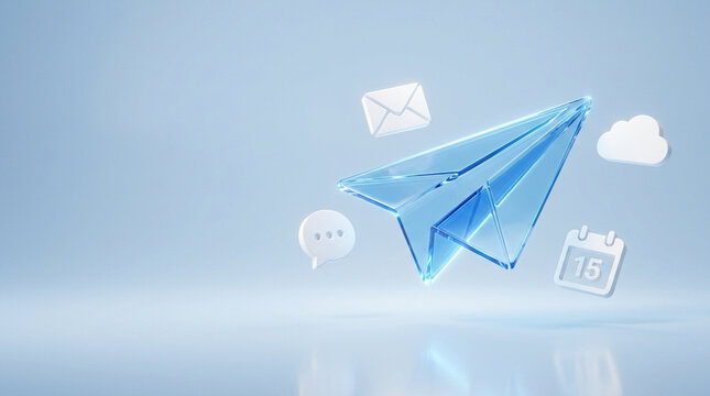 3D rendering of a blue translucent glass paper plane surrounded by white icons for email, cloud storage, calendar, and chat bubbles on a light blue background with reflection.