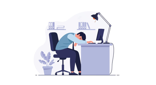 An exhausted businessman slumps over his desk and falls asleep in front of his computer while working late in the office.