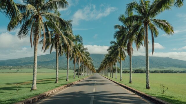 Tropical Palm Trees Lining Scenic Coastal Road with Green Fields and Blue Mountain Sky