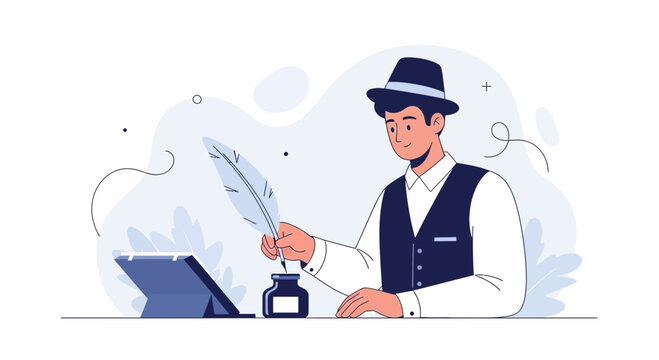 Creative Author Writing with Quill and Ink on Tablet Display - Modern Illustration