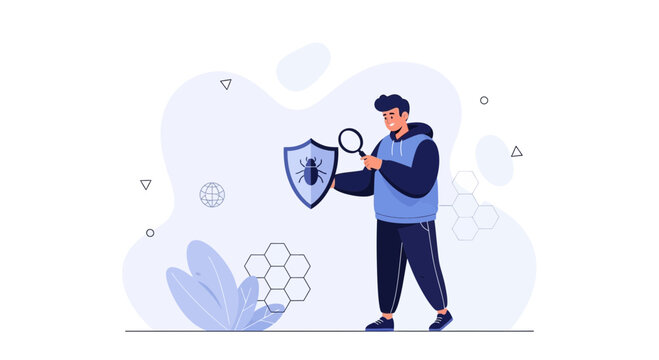 Cybersecurity Concept: Man Inspecting Shield with Bug Symbol Using Magnifying Glass