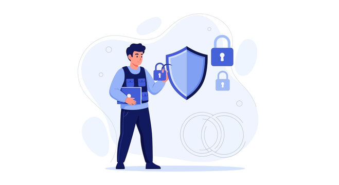 Cybersecurity Concept: Man with Laptop and Security Shield, Padlocks Symbolize Data Protection