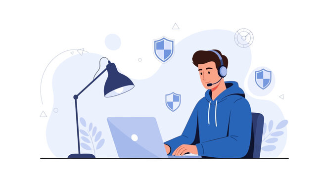 Cybersecurity Operator Working on Laptop with Headset, Shield Icons Symbolizing Protection