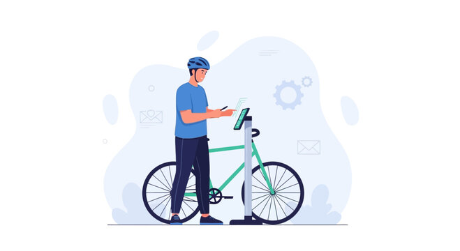 Cyclist Using Digital Device for Bike Maintenance and Route Planning