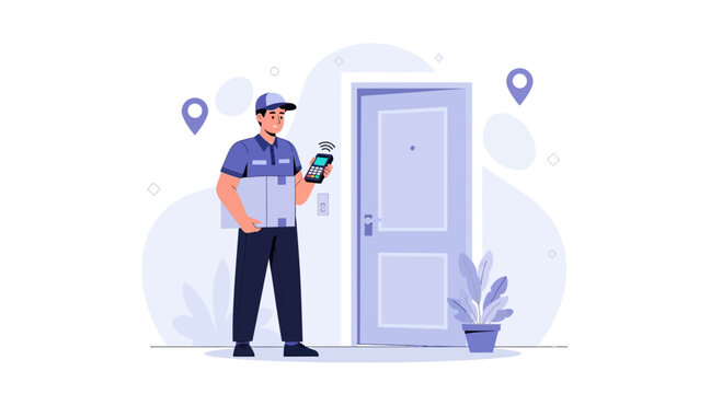 Delivery person with package and phone at door, location pins, modern flat illustration style