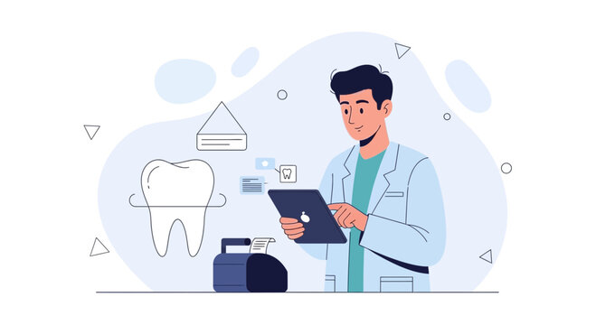 Dentist using digital tablet for dental care, with tooth illustration and futuristic elements