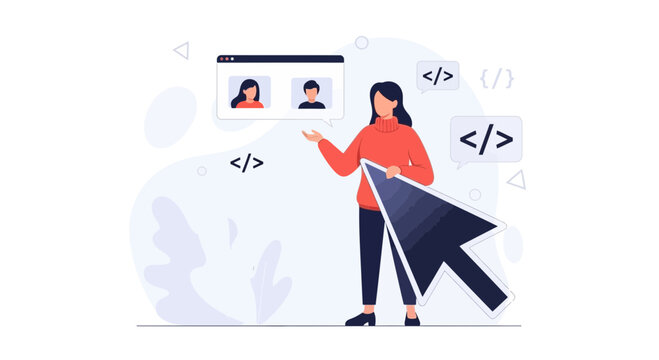 Developer choosing profile icons on a website interface, concept of web development and user interface design