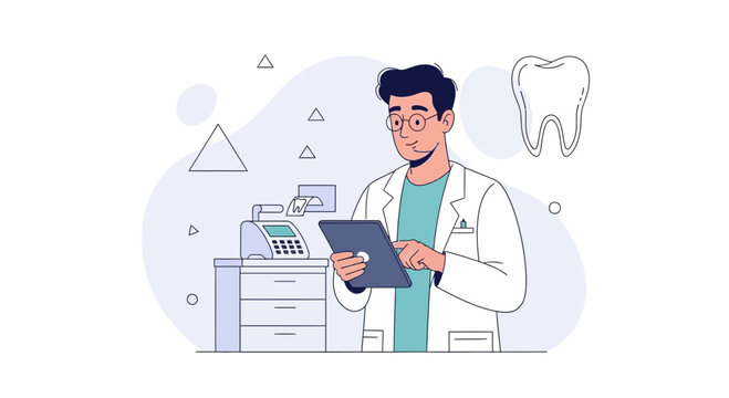 Dentist with Tablet in Modern Dental Clinic, Using Technology for Patient Care and Record Keeping