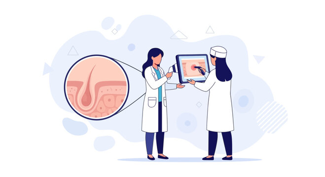 Dermatology Discussion: Doctors Examining Skin Structure and Digital Scan with Magnified Follicle Detail