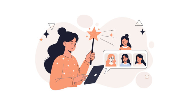Digital Magic: Woman Uses Tablet and Wand to Connect with Virtual Team and Spark Creativity