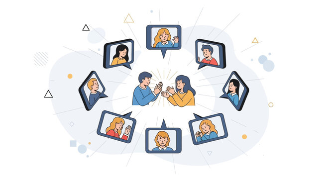 Diverse Group of People Communicating Virtually Through Video Calls and Chat Bubbles