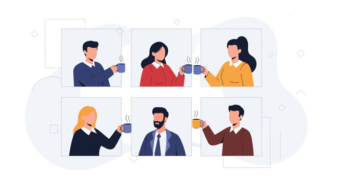 Diverse Group of People Enjoying Coffee Breaks in Virtual Meeting Video Call Windows