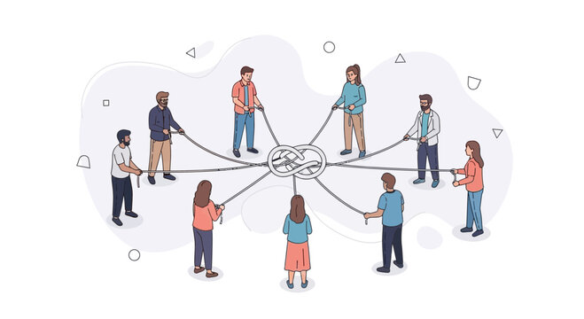 Diverse group of people pulling ropes connected to a central knot, symbolizing teamwork, connection, and shared effort.