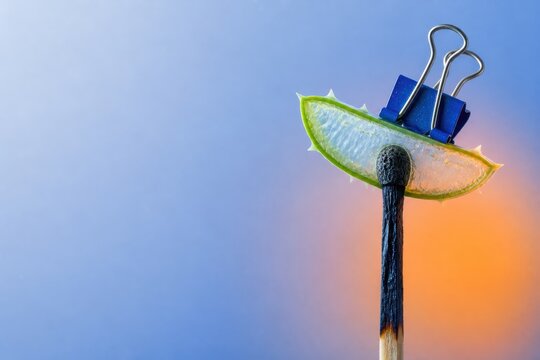 Glowing matchstick with binder clip on blue orange gradient
