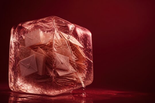 Frozen Mail Envelopes Trapped in Ice Cube on Deep Red Background