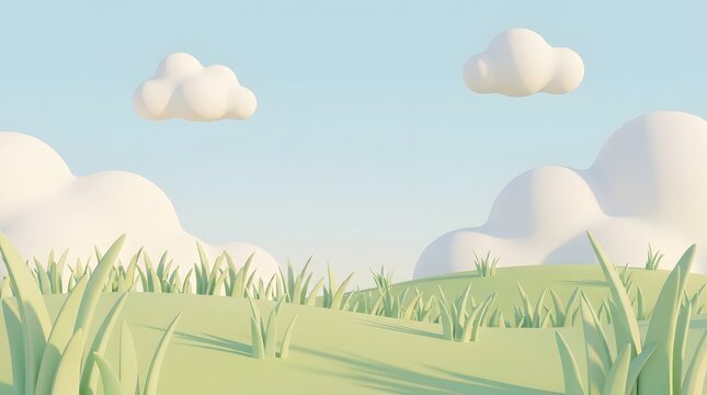 peaceful green meadow with stylized grass blades under soft blue sky with puffy white clouds