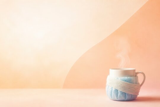 Steamy cup wrapped in ice pack on pastel wellness backdrop