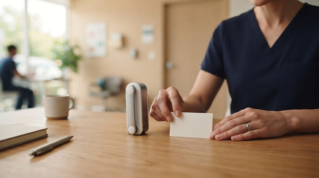 Healthcare worker placing blank card near portable smart medical device on desk in modern clinic office