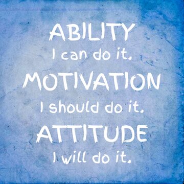Inspirational Motivation Quote Poster on Textured Blue Background ABILITY I can do it. MOTIVATION I should do it. ATTITUDE I will do it. Ideal for business, education, personal growth