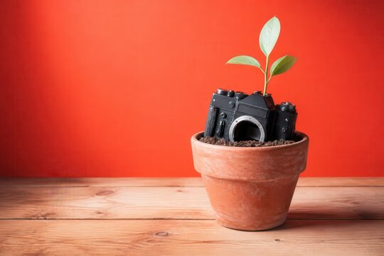 Camera seedling in terracotta pot for sustainability concept