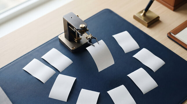 Miniature robotic arm organizing paper notes on executive desk blotter
