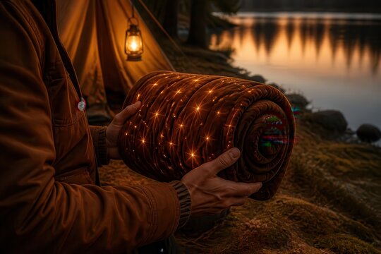 Glowing camping sleeping bag roll held beside a quiet lakeside at dusk