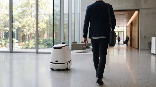 Autonomous mobile robot following businessman through modern corporate building lobby