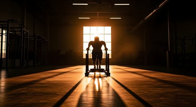 Athlete Silhouette Pushing a Heavy Sled in a Dark Gym
