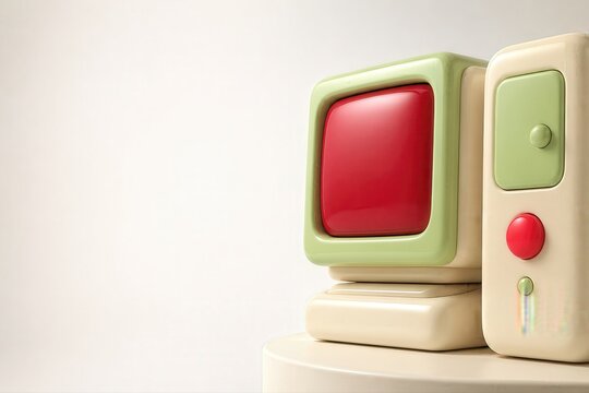 Retro computer terminal with pastel 3D render on white background