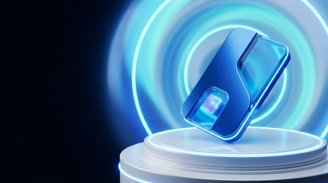 3D Render of a Blue Metallic SIM Card with Visible Microchip Contacts Placed on a White Circular Podium Against a Background of Glowing Cyan Concentric Light Rings and Dark Space.