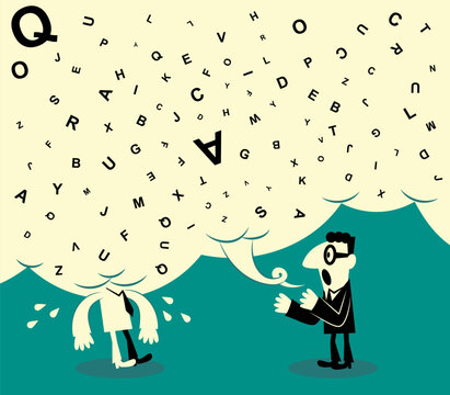 Businessman talking incessantly with a huge speech bubble filled with alphabet letters crushing his listener. For information overload, bad communication, and workplace stress concepts.