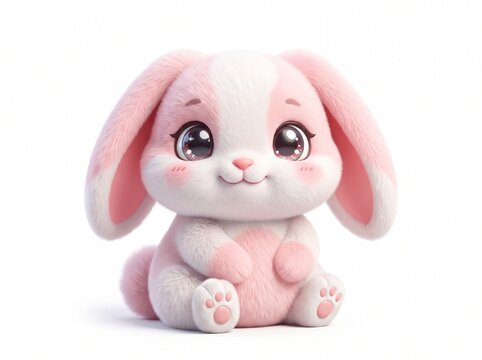 Cute fluffy pink bunny with big expressive eyes, adorable cartoon animal character, perfect for children's illustrations and decorations