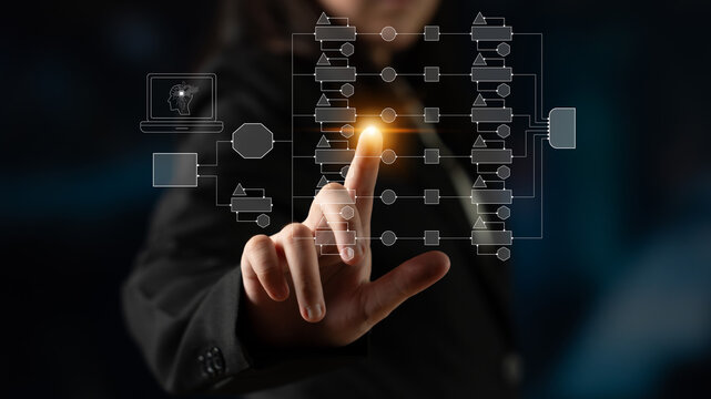 Business professional interacting with digital flowchart and futuristic interface technology in a corporate setting Quark.