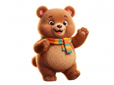 Cute little cartoon bear waving happily wearing a colorful winter scarf on a white background