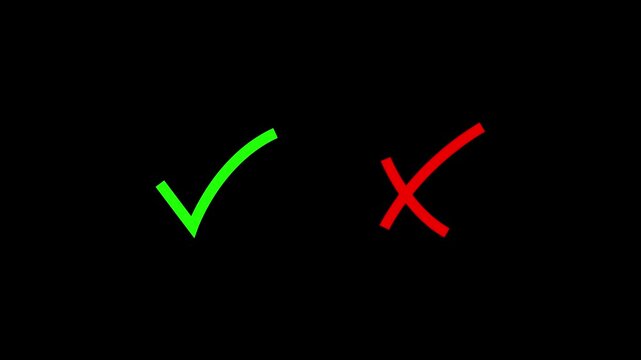 Yes or no check mark animation. true or false with alpha channel. check mark and cross mark signs icon animation, green and red scan and black background.