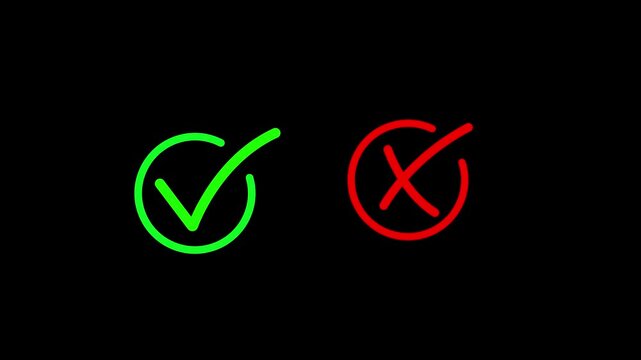 Yes or no check mark animation. true or false with alpha channel. check mark and cross mark signs icon animation, green and red scan and black background.