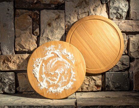 Cutting board and scattered flour powder at stone background top table. Wooden pizza board