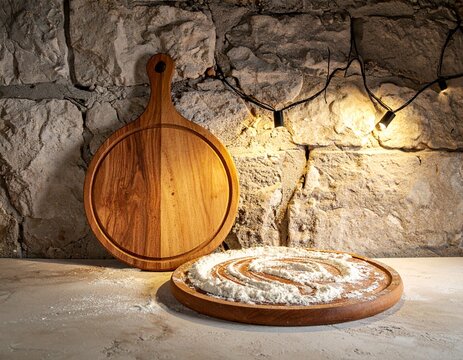 Cutting board and scattered flour powder at stone background top table. Wooden pizza board