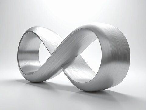 Conceptual representation of infinity symbol made of brushed metal, symbolizing eternity and endless possibilities in a clean studio setting