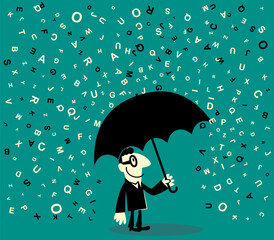 Flat vector of a smiling businessman protecting himself with a black umbrella from falling letters. For data management, information overload, language learning, and communication concepts. © TZULAN