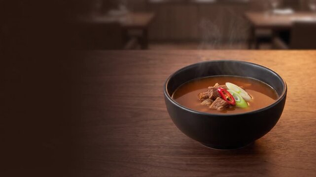 Hot Spicy Soup With Rising Steam on Dark Restaurant Background