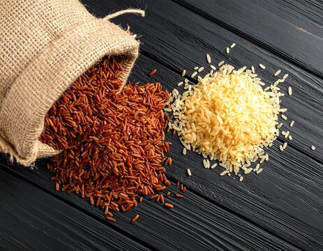 Raw stages of organic Rice  in a jute bag. Rice Bran and whole Rice on a dark wooden background. Top view.