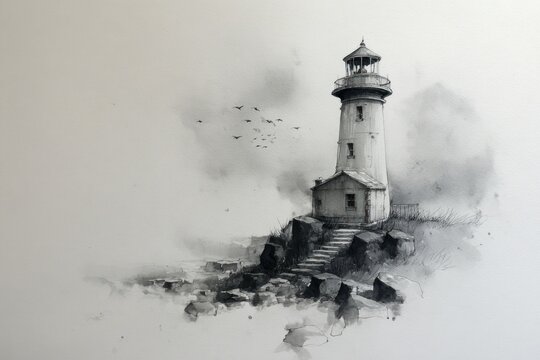 Coastal lighthouse on rocky shore
