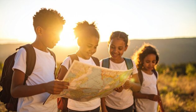Diverse group of children with backpacks studying a map outdoors at sunset. Young explorers learning navigation on a summer adventure.