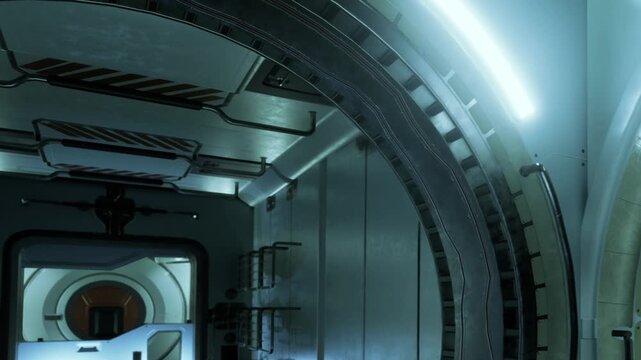 Inside a space station, metal walls and bright lights are visible. The design shows a modern approach to space living. Various panels and structures are present in the area.