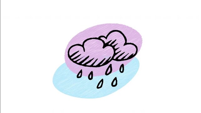 An animated hand-drawn dark storm cloud pouring heavy rain drops. Great for storm warnings, monsoon rainy season forecasts, heavy rainfall alerts, and bad weather themes. 