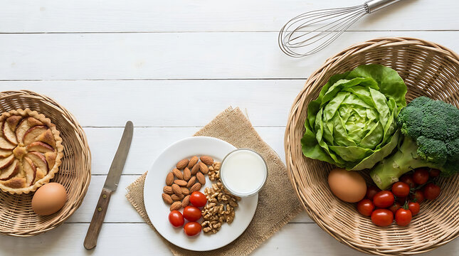 Rustic baskets of fresh food and baked apple tart ingredients