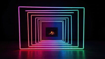 Fototapeta premium neon fireplace outline with glowing frame and vibrant light effects in dark setting