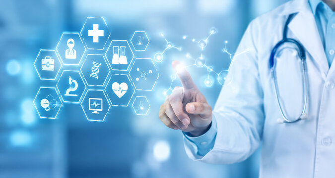 AI generated doctor using holographic medical icons DNA laboratory symbols heartbeat healthcare interface for digital medicine research diagnosis biotechnology innovation