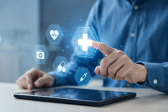 AI generated person using tablet holographic healthcare icons for digital medicine telehealth treatment pharmacy modern medical technology innovation
